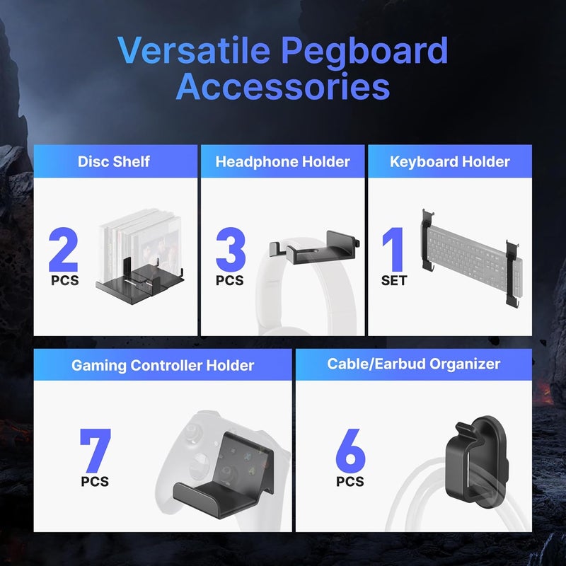 PEGZONE Controller and Headphone Holder Wall Mount, Modular Gaming Pegboard with Accessories, Controller Stand for Xbox PS5 PS4 Switch, Video Game Storage, Disc Shelf Organizer, 14pcs Pegboard, Black - Image 4